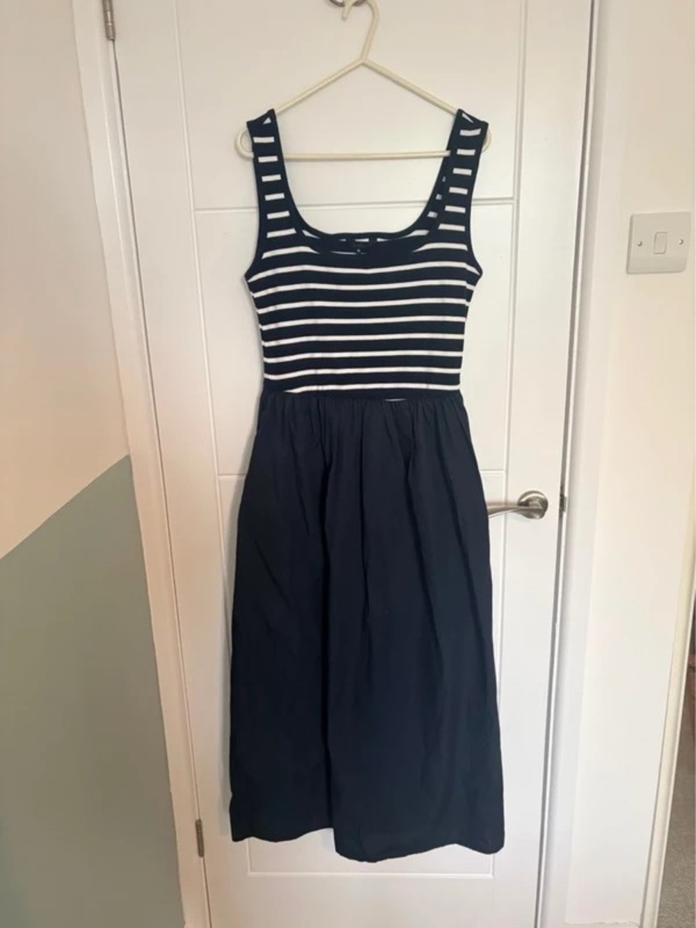 Striped Navy and White Sleeveless Midi Dress